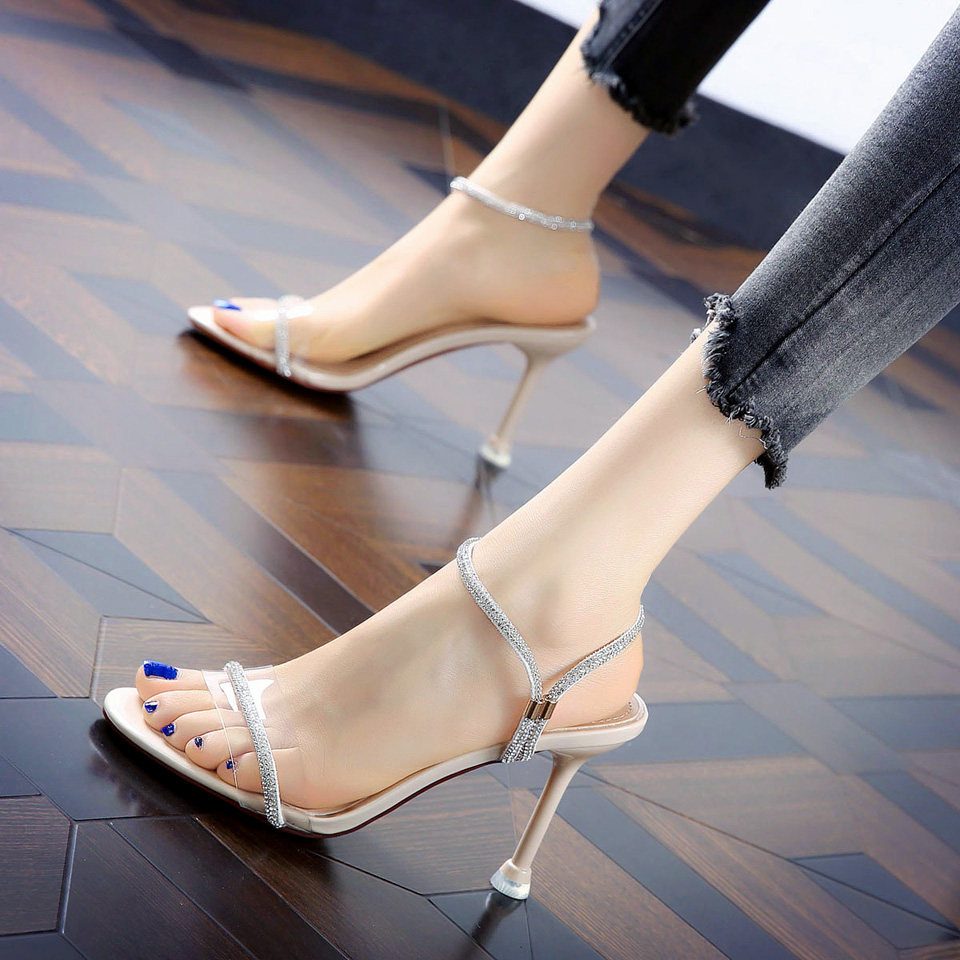 夏季新款欧美露趾性感水钻细跟高跟鞋优雅气质时尚外穿凉鞋女优惠券