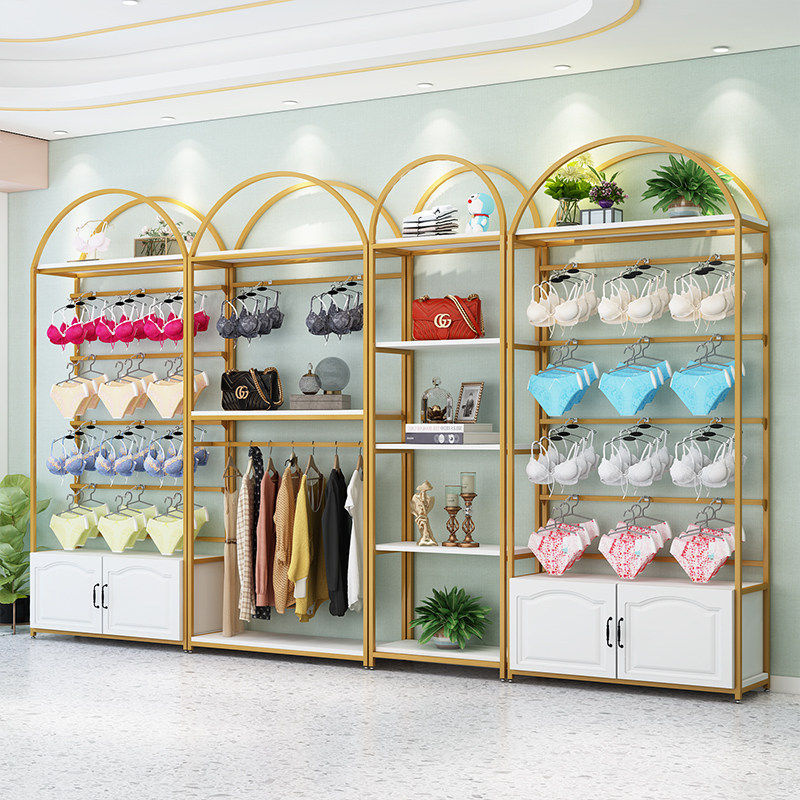 内衣店货架文胸内裤展示架靠墙睡衣展示柜服装店金色置物架带挂钩