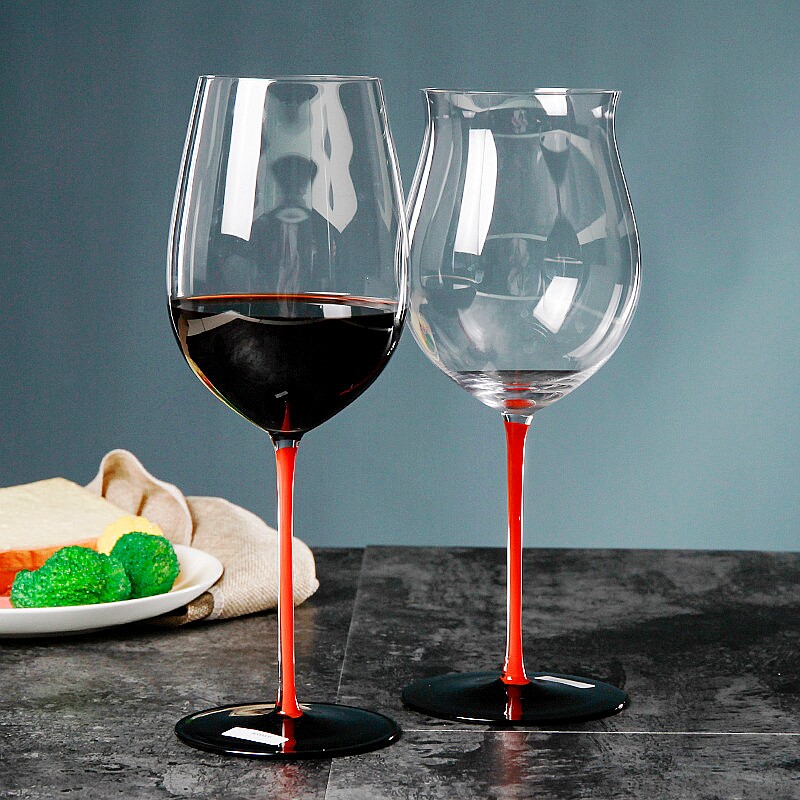高档红杆黑红领结水晶红酒杯超大波尔多勃艮第情侣法式大肚高脚杯