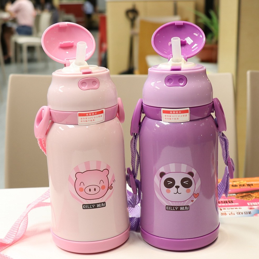 可爱儿童水杯不锈钢背带宝宝水壶小学生防摔保温杯带吸管杯幼儿园