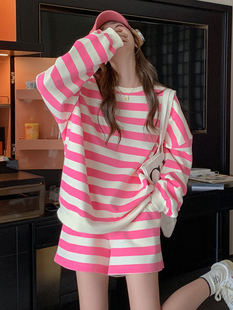 条纹粉色套装女2024春夏韩版宽松时尚圆领短款休闲炸街卫衣两件套