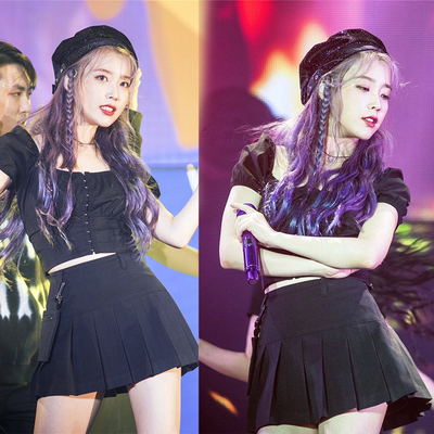 德鲁纳李智知恩演唱会iu同款黑色短款露脐衬衫百搭短袖上衣显瘦