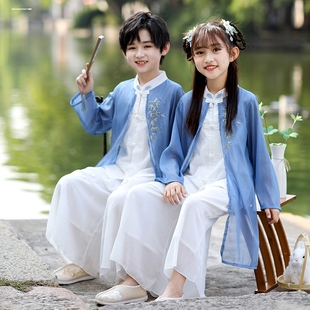 儿童宋制汉服女童夏季中国风长袍男童古装国学舞蹈古筝民族演出服