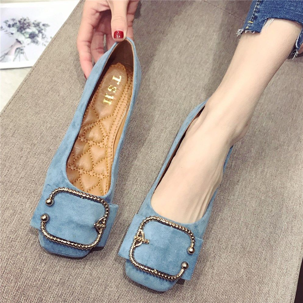 豆豆鞋女2020春季新款韩版亮片平底四季单鞋方头大码女鞋黑色瓢鞋