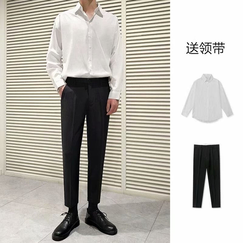 白色衬衫西服套装男士商务正装中学生九分直筒垂感免烫休闲小西裤