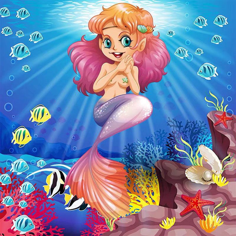 钻石画卡通 儿童 公主 可爱满钻_美人鱼公主5d儿童可爱卡通女孩钻石画