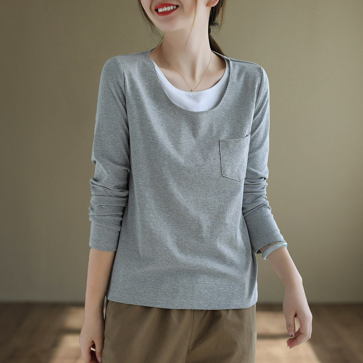 代勒复古纯棉假两件t恤女士长袖内搭上衣显瘦秋季新款文艺打底衫