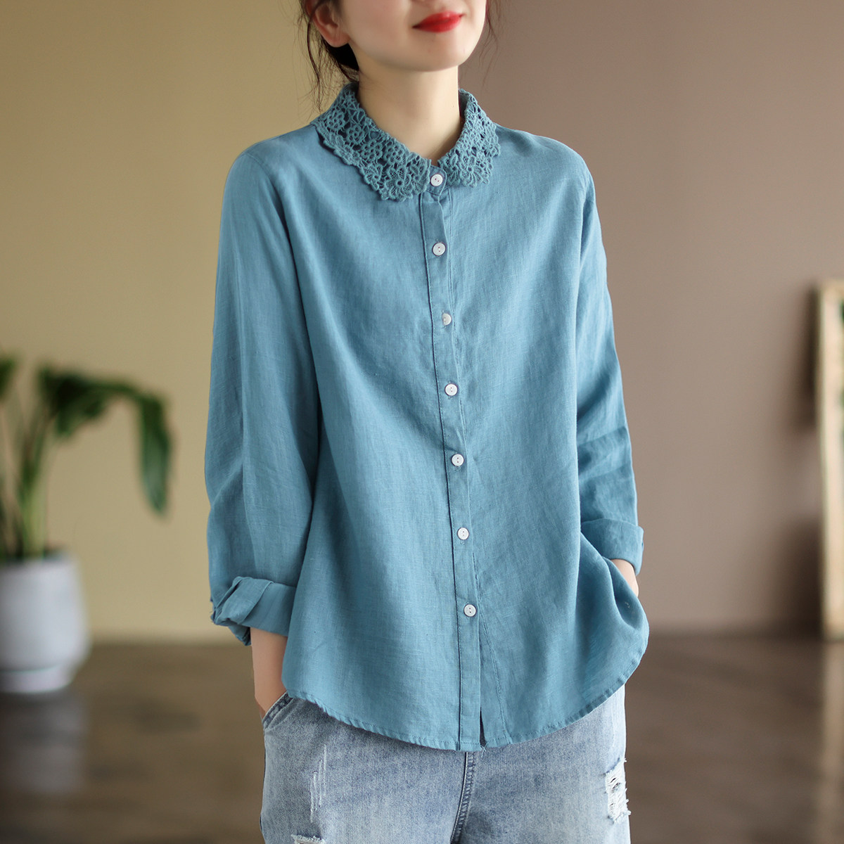 代勒文艺复古高支高密亚麻纯色长袖衬衫女春季新款宽松花边领衬衣