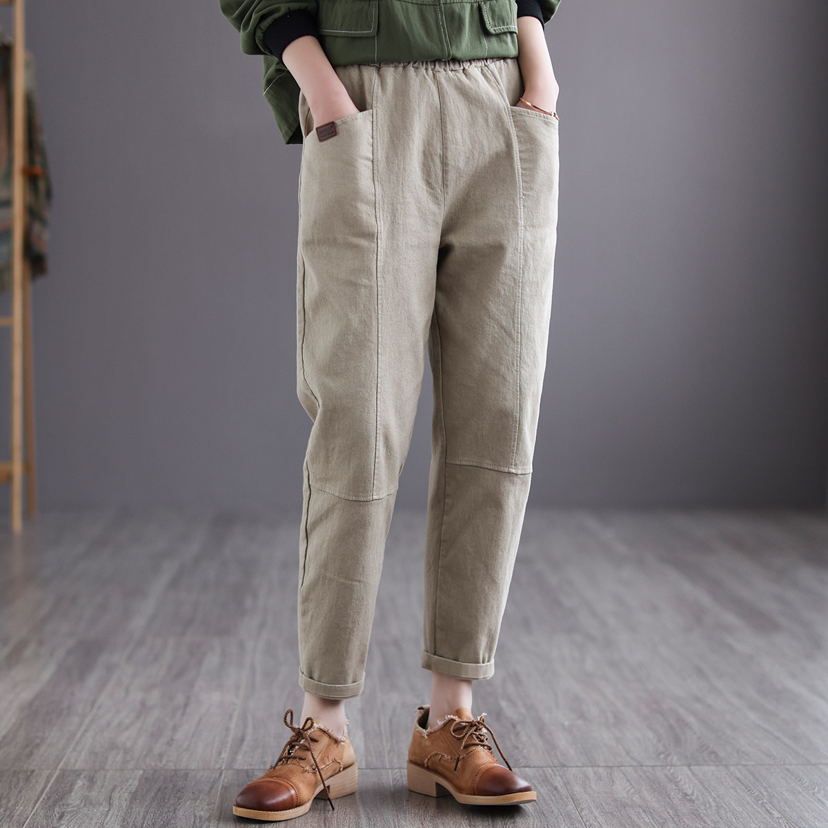 代勒原创2021春季新款全棉纯色休闲裤女士复古文艺宽松显瘦哈伦裤