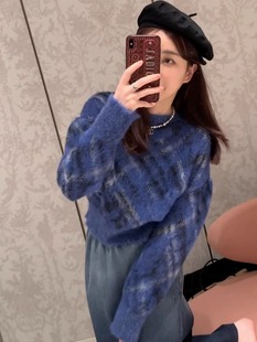 日系慵懒复古温柔奶fufu宽松洋气蓝色条纹长袖针织衫毛衣秋冬季女
