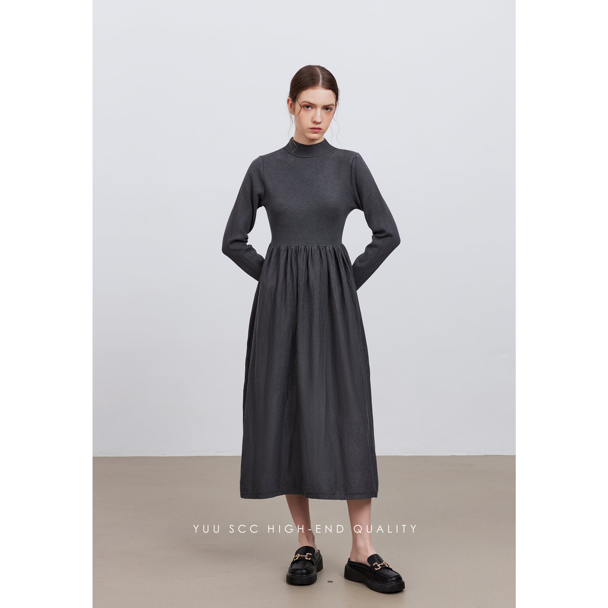 YUUSCC灰色拼接打底裙2024春季新款极简长袖设计感纯色中长连衣裙