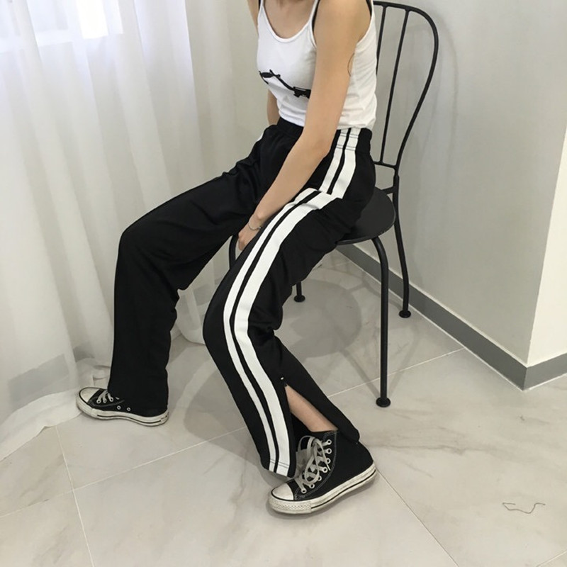 韩国定制复古经典白色双杠运动休闲拉链开叉长裤男女裤