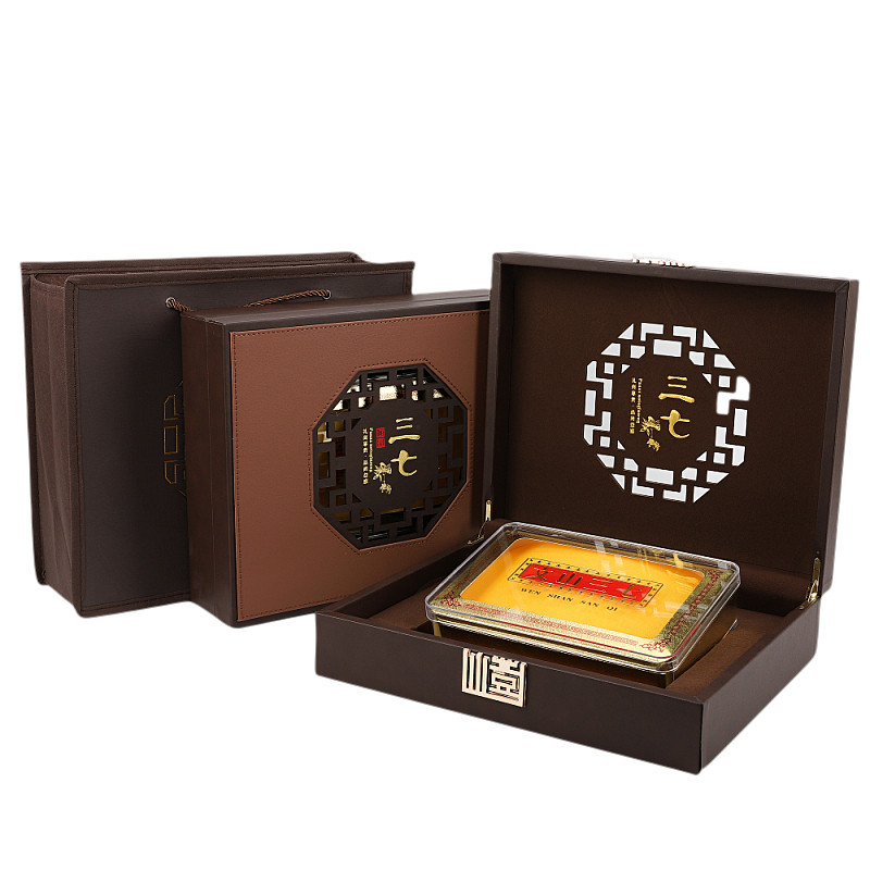 新款三七包装盒棕色皮盒云南文山三七礼品盒一斤塑料内盒配套袋子