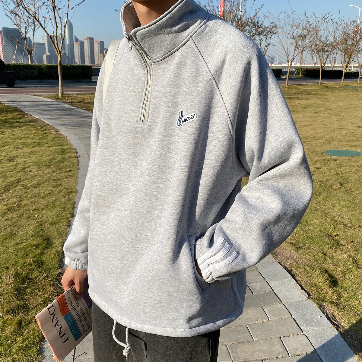 男士高领卫衣男韩版 加绒加厚_秋冬加绒加厚半拉链高领卫衣叠穿男士