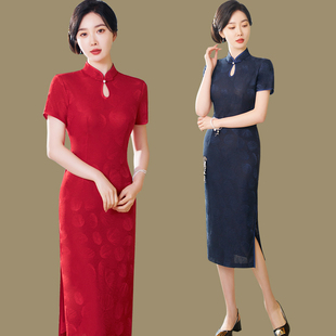 新中式夏季改良旗袍婚宴妈妈装冰丝短袖送考大码中国风复古连衣裙