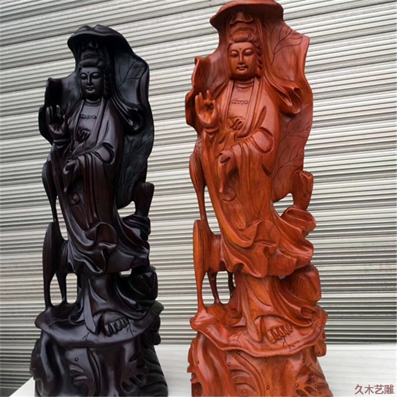 久木艺雕臻仙作 黑檀荷叶观音菩萨佛像摆件木雕工艺品镇宅风水 木