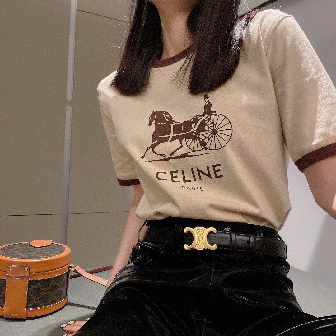 celine/赛琳 22春夏新款经典马车印花字母logo圆领纯棉短袖t恤女