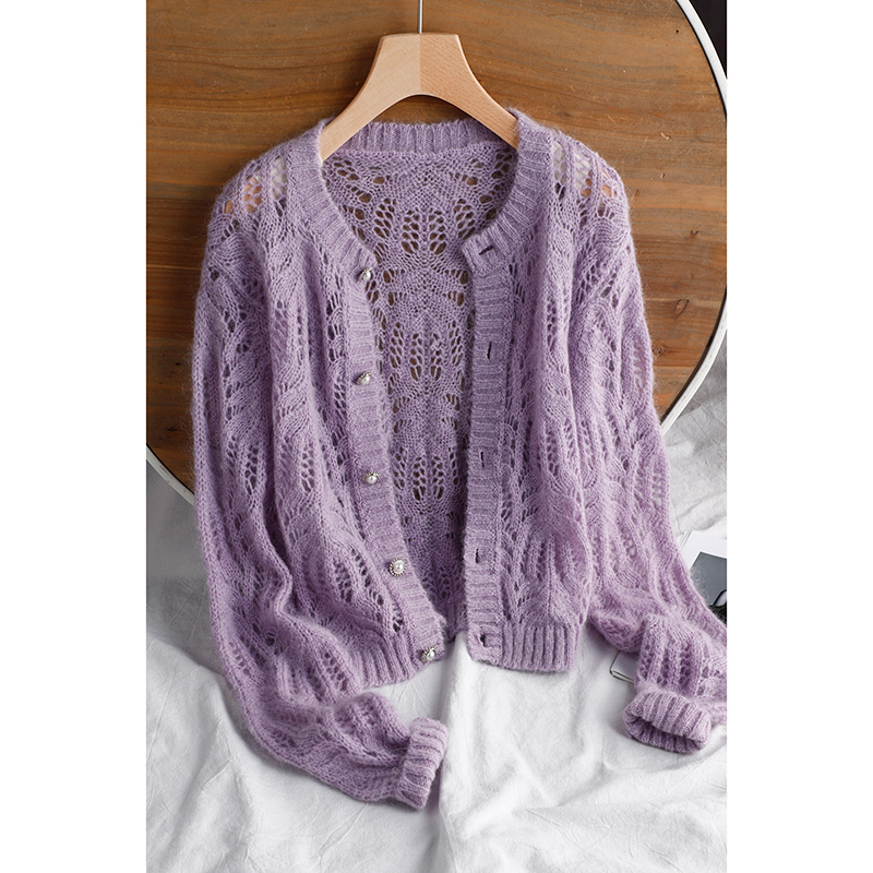 松软的感觉很棒 镂空马海毛开衫!女圆领珍珠扣短款针织外套85023