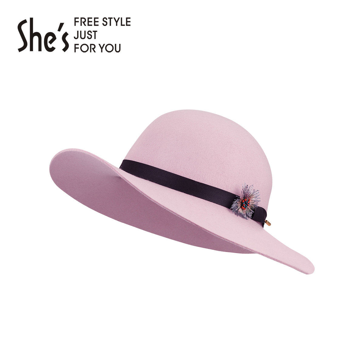 shes茜子秋冬百搭羊毛水溶刺绣花朵时尚复古毛呢大檐帽礼帽女—帽子