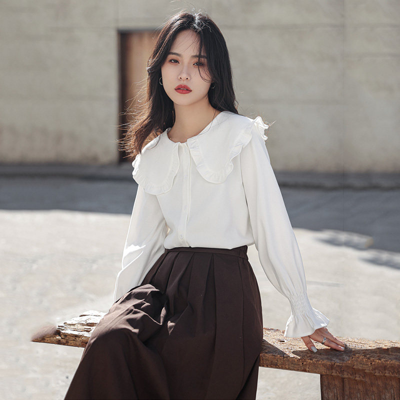 法式复古白色娃娃领衬衫女设计感小众高腰显瘦百褶半身裙两件套装