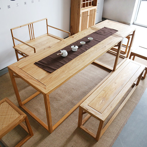 四方茶室老榆木茶桌新中式茶室家具禅意榫卯明式茶案免漆喝茶椅_不