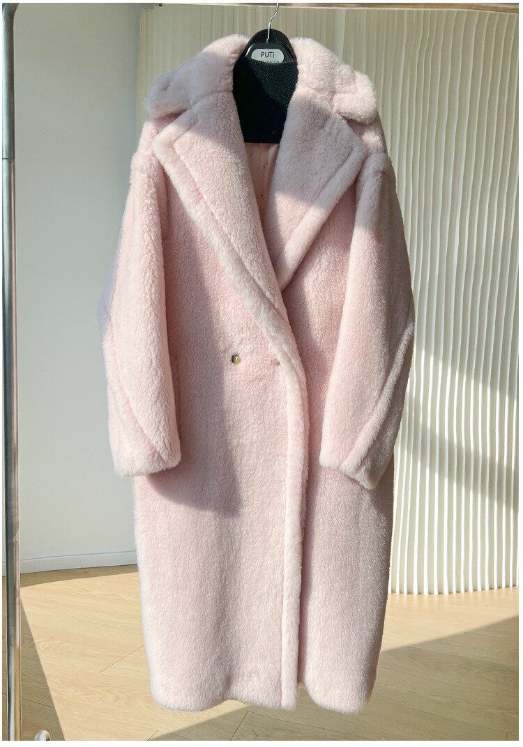 2022秋冬新款m家泰迪熊大衣女颗粒羊驼绒皮草外套teddy廓形中长款