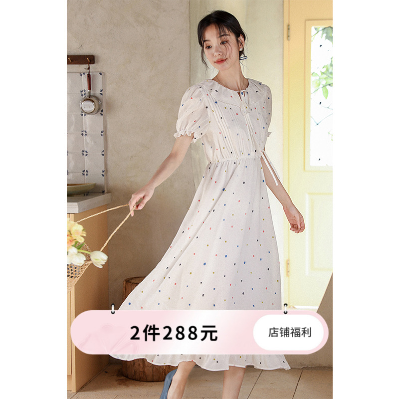 猫酱紫清新波点连衣裙女夏季2023年新款法式森系甜美小个子裙子