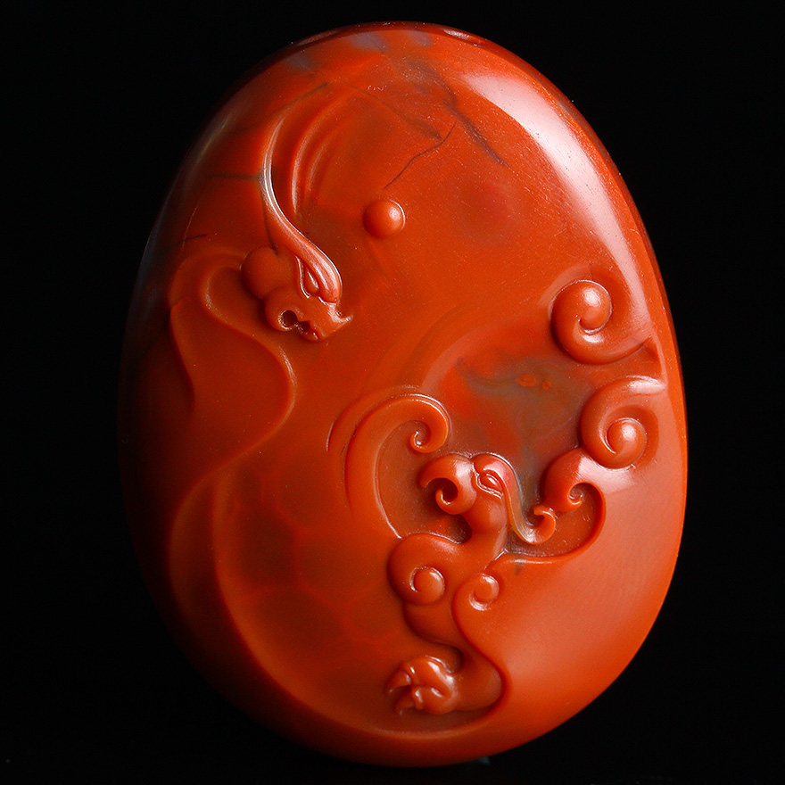 32.28g【苏工精雕】柿子红南红玛瑙龙凤呈祥挂牌0974