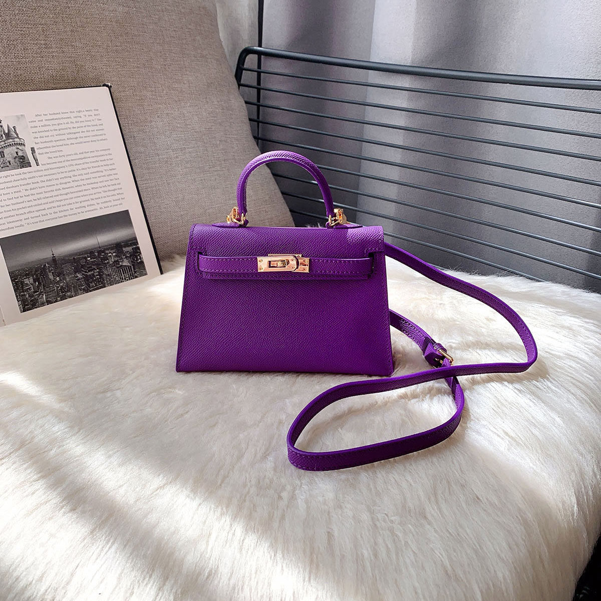 凯莉包女真皮迷你高级感紫色包包女斜挎包小包迷你mini二代凯莉包