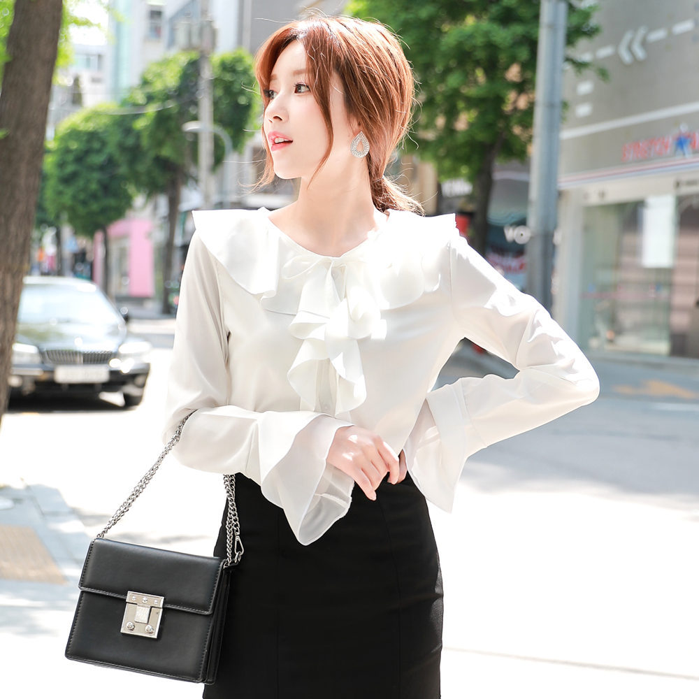 韩版衬衫夏季女士雪纺白衬衫长袖花边宽松大码衬衣工厂大品牌学生
