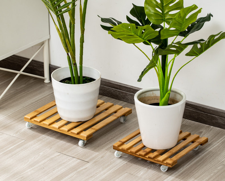 实木小花架办公室竹子盆栽托盘落地式客厅室内单个移动花架子底盘