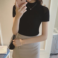 女夏修身韩版上衣半高领紧身性感中袖黑色针织打底衫短袖t恤女潮