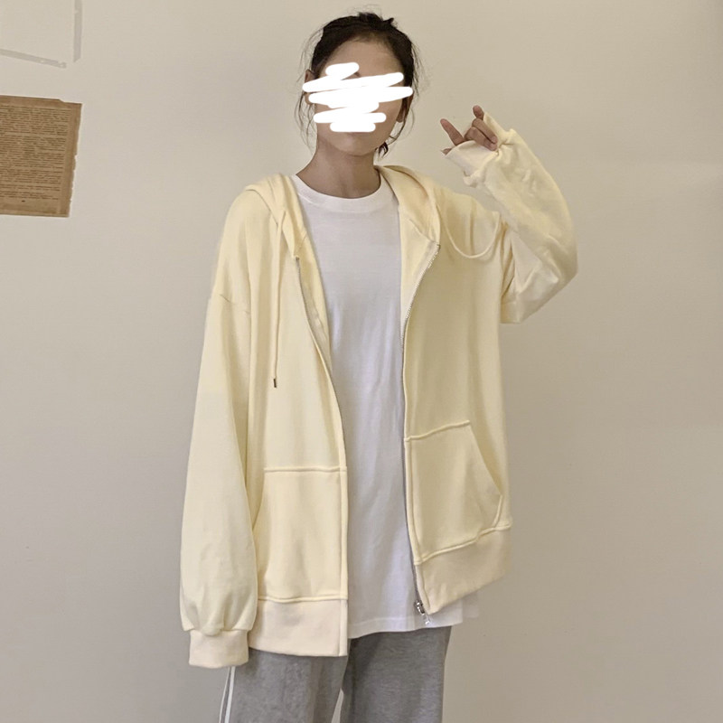 奶杏色卫衣女春秋拉链外套2022新款运动连帽开衫宽松韩版早春上衣