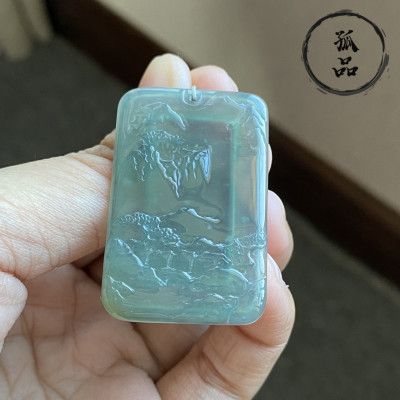 翡翠a货冰种蓝水洒金黄翡意境山水牌男女款吊坠挂件0011