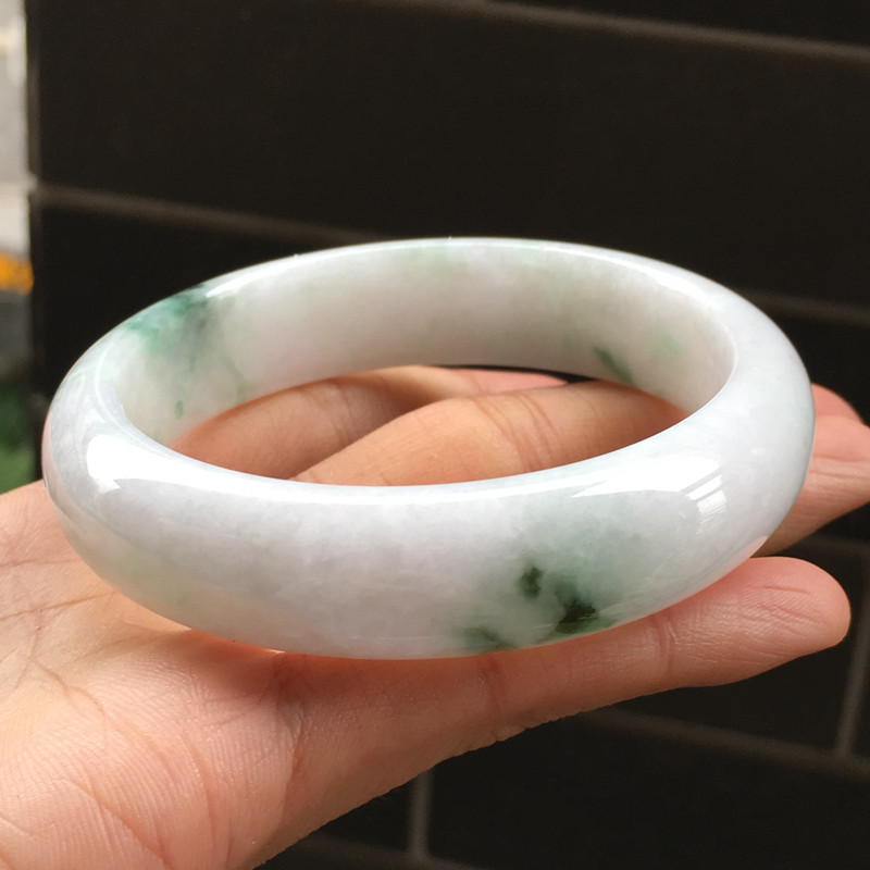 掌中翠天然a货翡翠手镯飘花细腻宽版圆形玉手镯圈口56编号6206