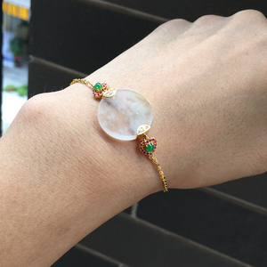 天然冰种翡翠a货玉石雪花棉平安圆扣手牌18k金镶嵌女款玉手链0327