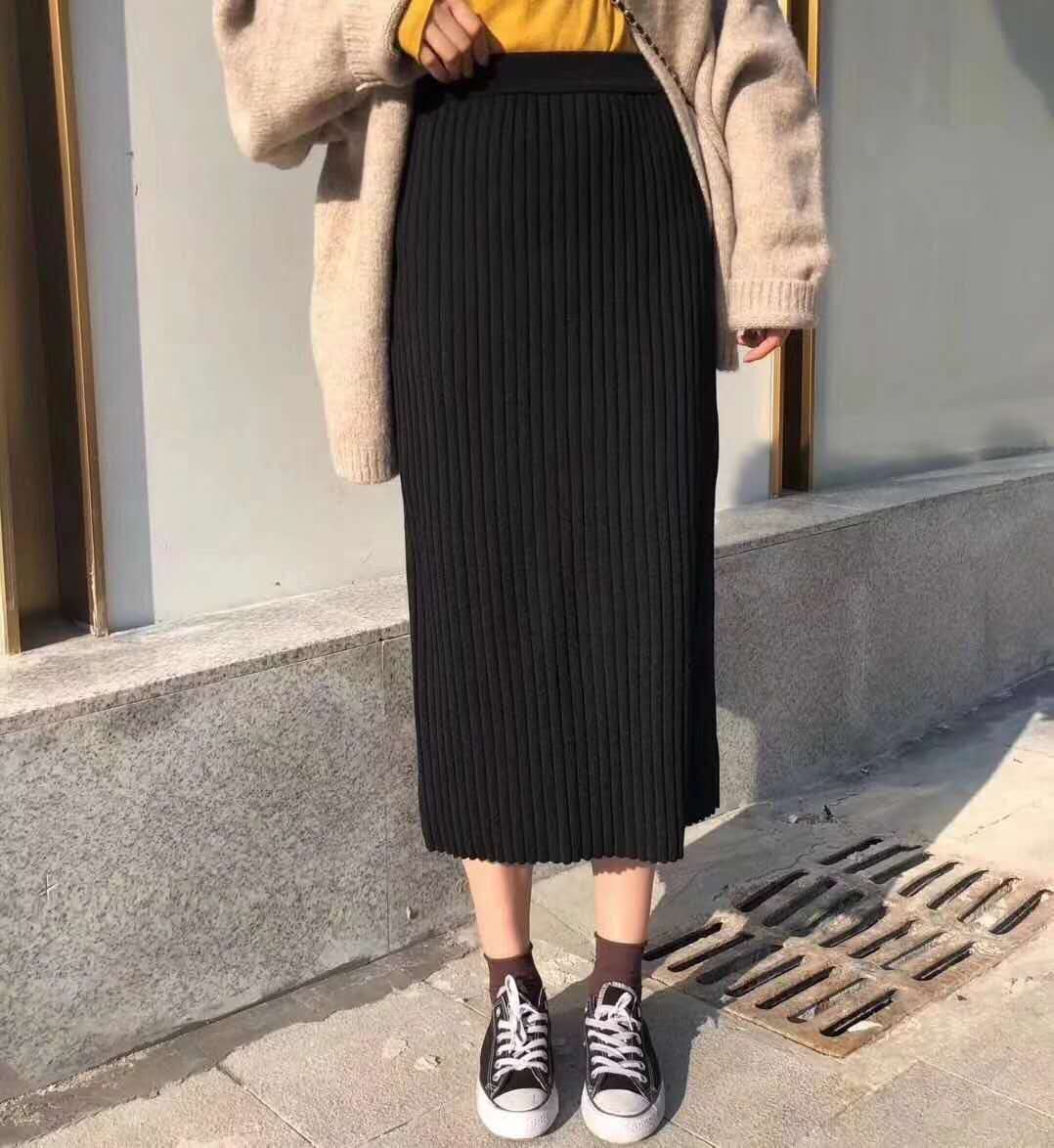 ling韩国针织直筒裙女中长款秋冬半身裙宽松显瘦高腰过膝打底裙子