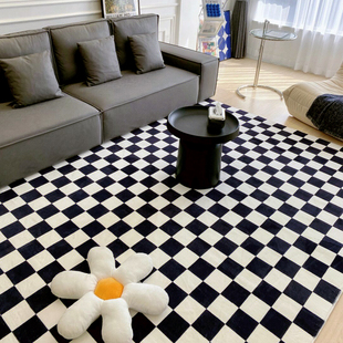 美式复古客厅地毯棋盘格沙发茶几垫高级ins风少女卧室床边毯满铺