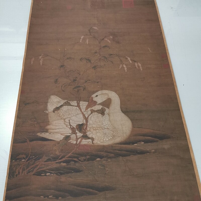 宋徽宗赵佶红蓼白鹅图复古书画写生国画真迹微喷仿古复制挂轴装饰