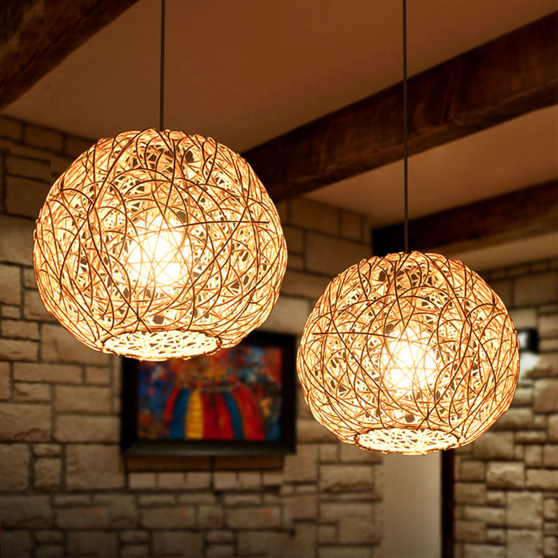 主题餐厅餐桌藤球灯简约圆盘三头客厅麻绳吊灯阳台吧台灯圆球吊灯