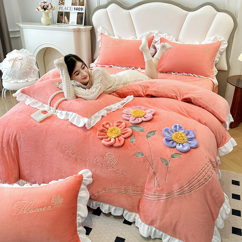 韩版保暖加厚珊瑚绒牛奶绒四件套花边刺绣宝宝绒被套床上用品冬季