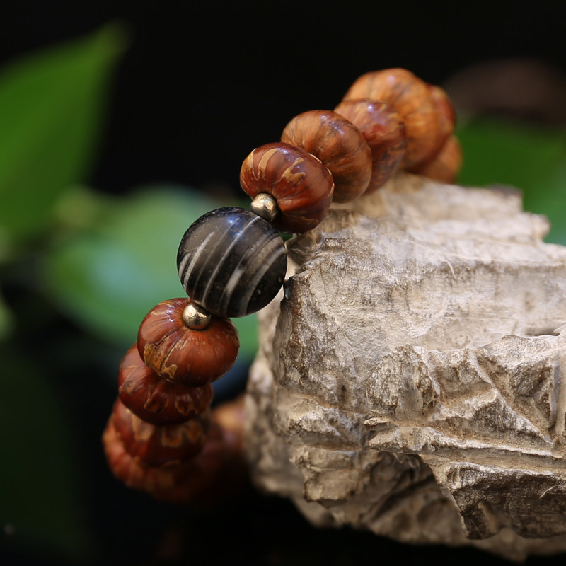 【仲济禅寺】灰皮天眼珠配金盆子菩提玛瑙手钏