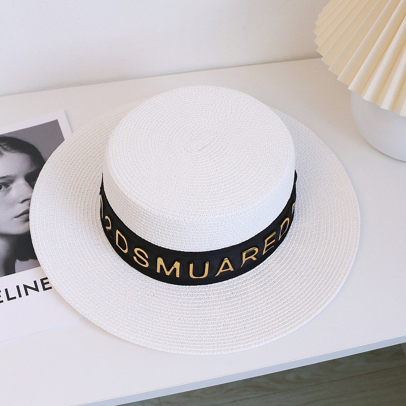 优雅白色平顶礼帽草帽女网红同款小清新平檐帽度假防晒遮阳帽—帽子