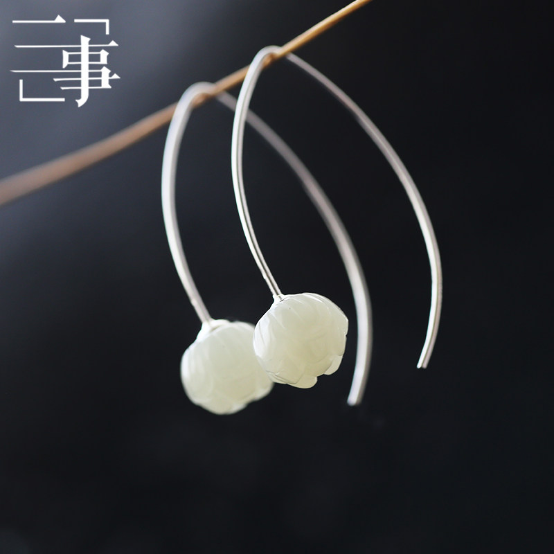 明月珰和田玉莲花玉坠纯银925长款中国风耳钩耳环复古极简轻奢风