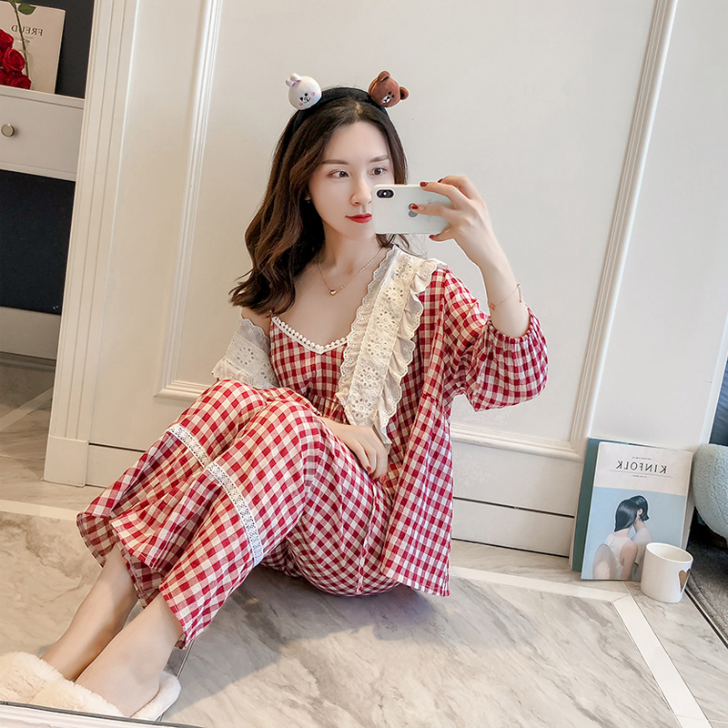日系可爱纯棉舒适格子和服长袖睡衣