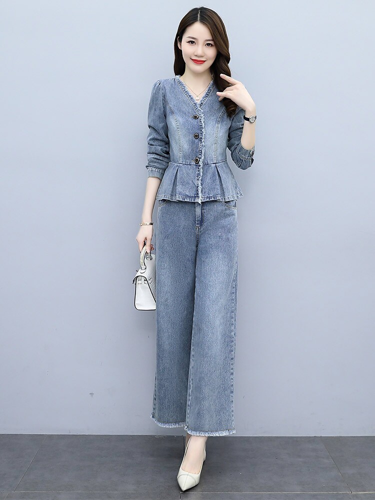 职业牛仔套装女秋装2023新款欧货时尚洋气减龄阔腿裤两件套春秋季