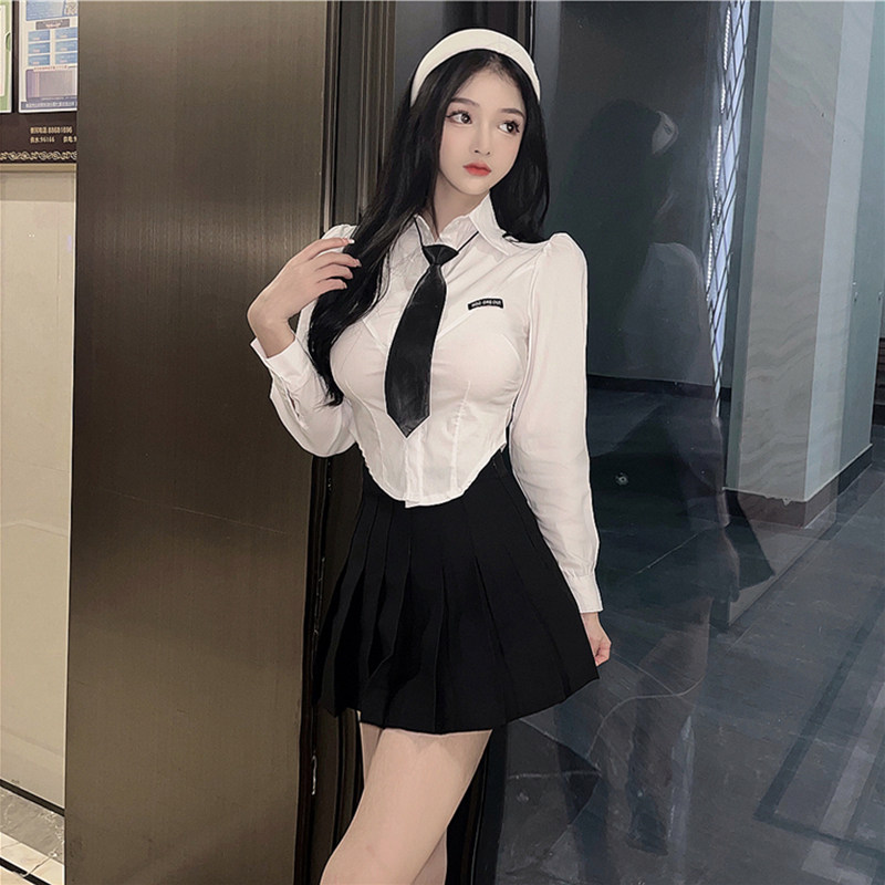 夜店装_性感短款修身紧身白色衬衫女v领领带jk制服酒吧夜店ktv工作服
