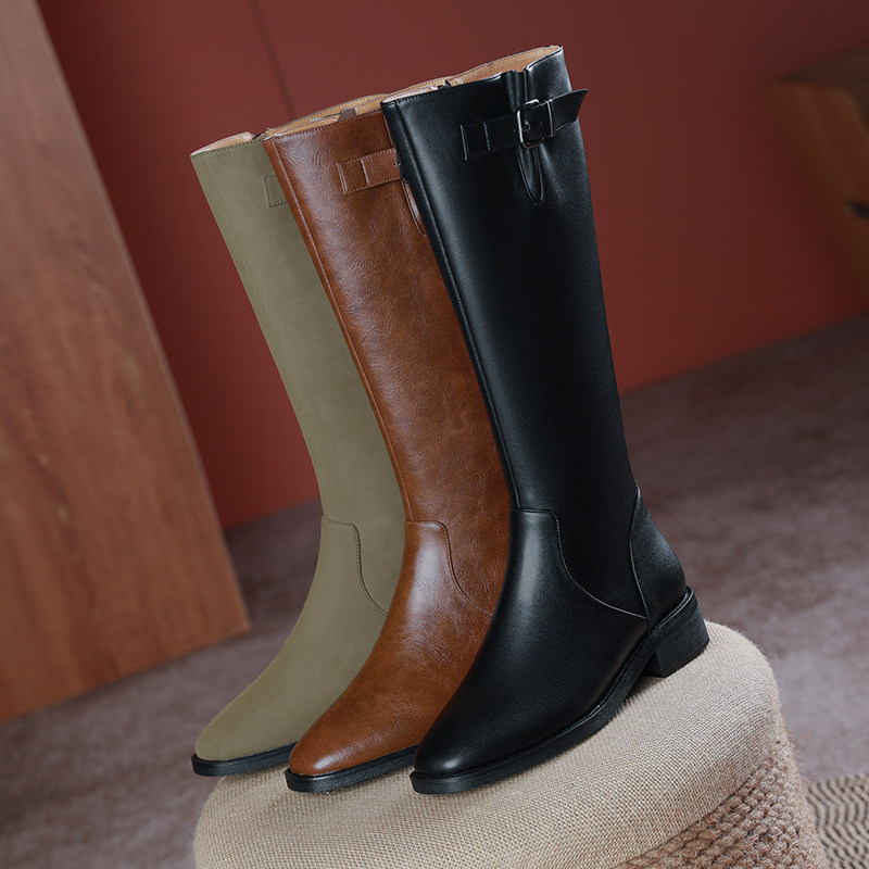 2021秋冬新款显瘦高筒骑士靴女真皮舒适百搭长筒皮靴方头低跟长靴