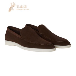 Loro Piana/诺悠翩雅男鞋巧克力色绒面革鞋面橡胶底乐福鞋