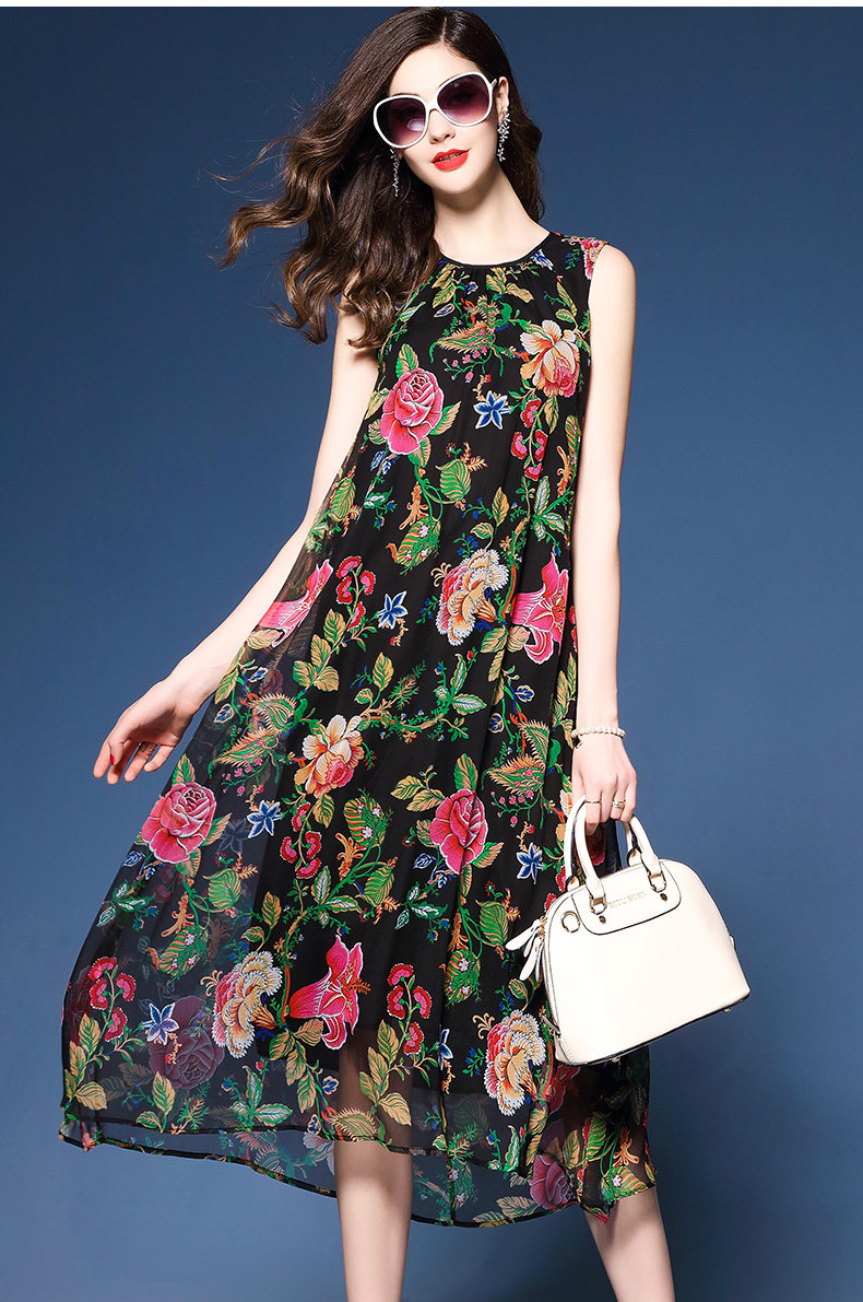 菲西娅2017新款碎花印花真丝连衣裙长裙背心长款桑蚕丝裙子女夏季